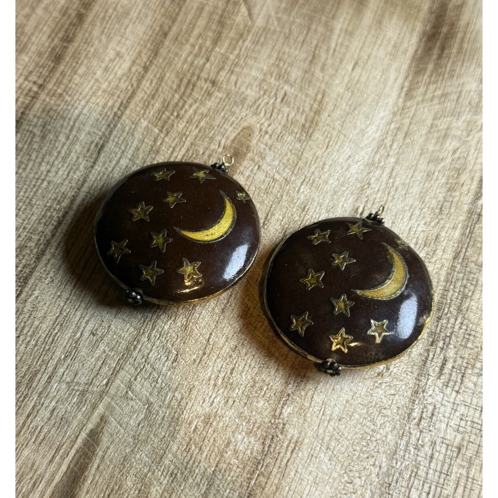 Vintage Cloisonn Crescent Moon & Stars Puff Pendants Gold Outline Celestial